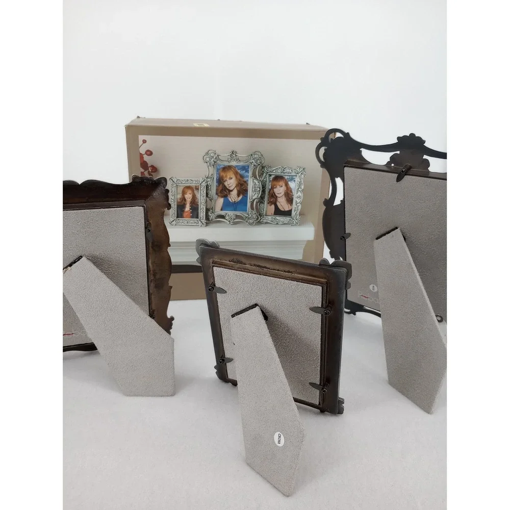 Reba Photo Frames Set of 3 Silver Ornate Scroll Floral Pewter Finish with Box
